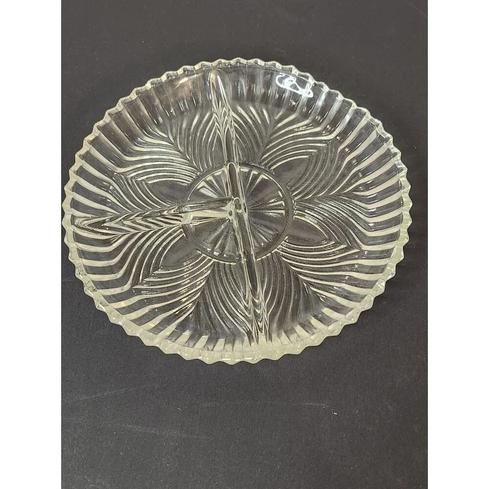 Indiana Glass 3 Section Divided Relish Dish Ridge Fan Pattern Scalloped Edge